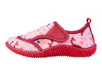 Pink children's water shoes with a colorful sea-themed pattern and red sole.