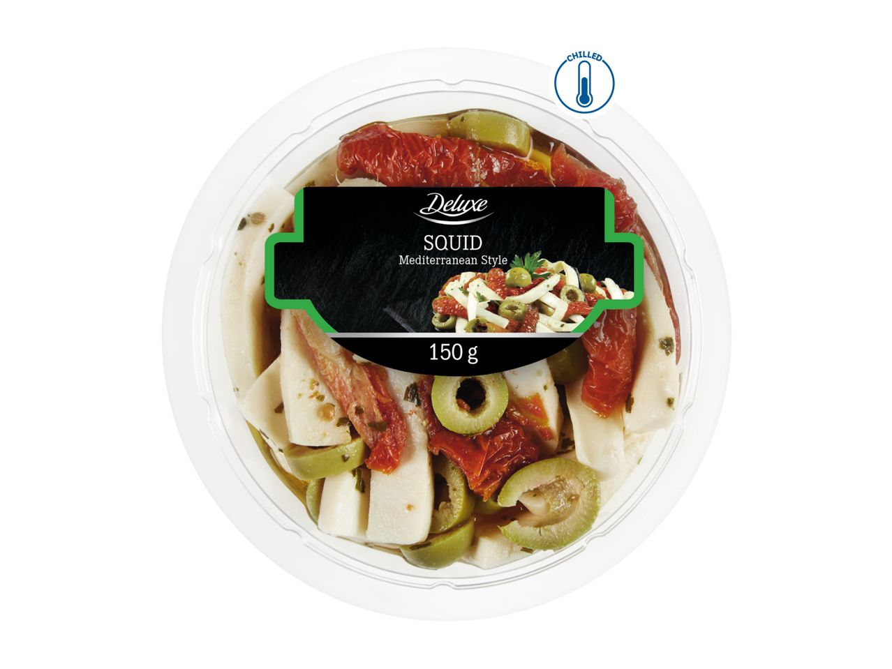 Chilled squid Mediterranean style with sun-dried tomatoes and olives, 150g.