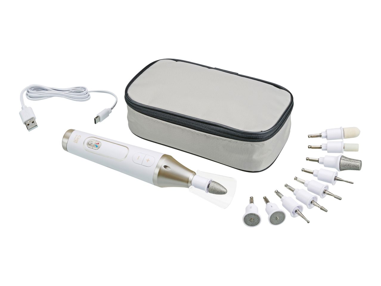 Electric manicure and pedicure set with various attachments, USB cable, and storage case.