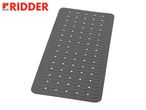 A gray bath mat with a wavy texture and small holes, featuring the Ridder logo.