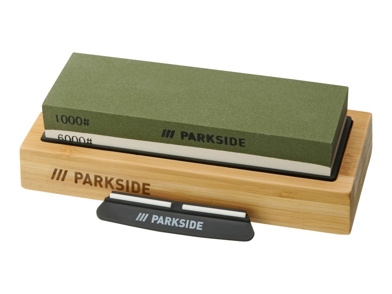 Dual-sided sharpening stone (1000/6000 grit) on a bamboo base with a sharpening guide.