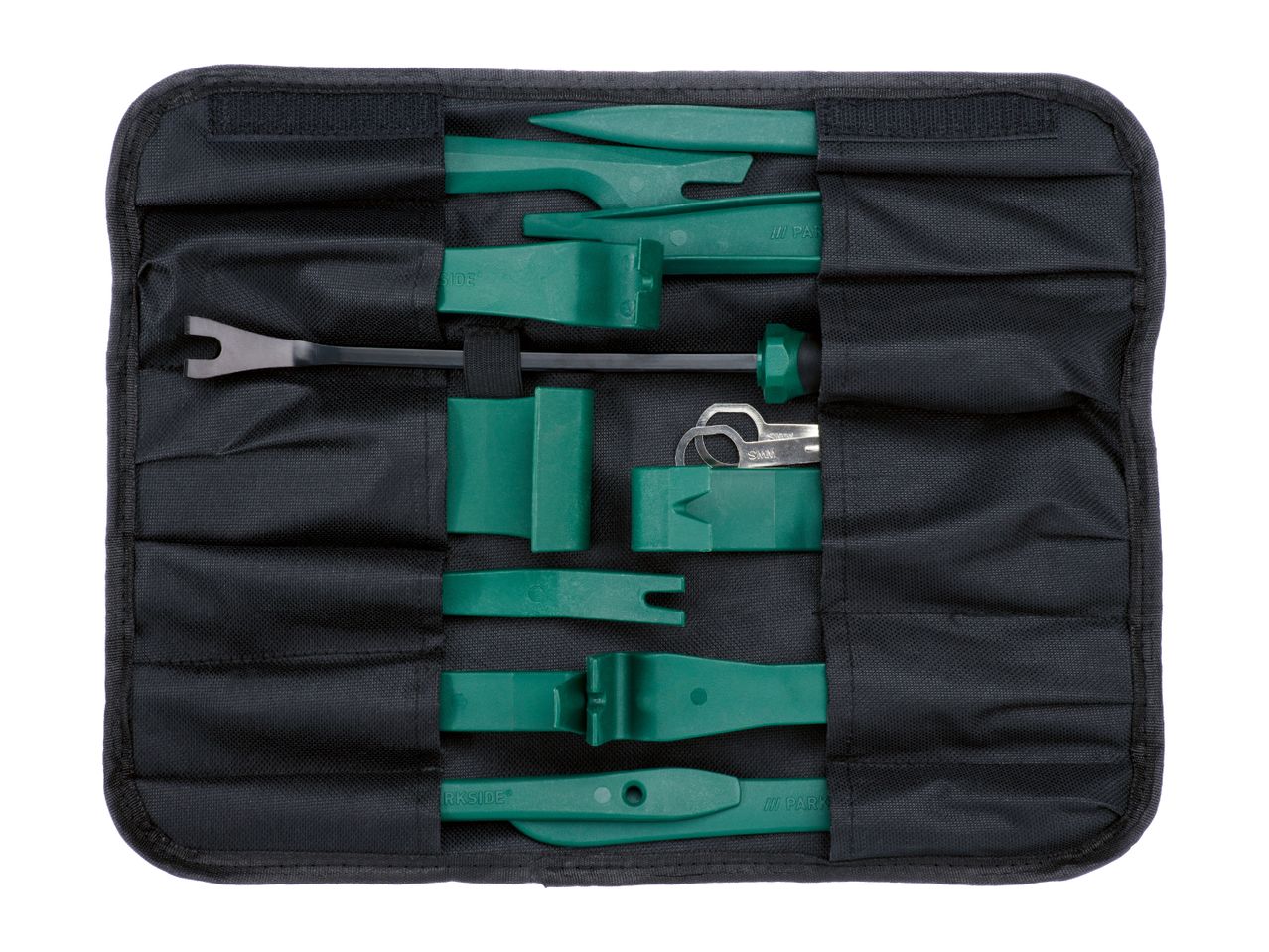 Car trim removal tool set in a black storage pouch