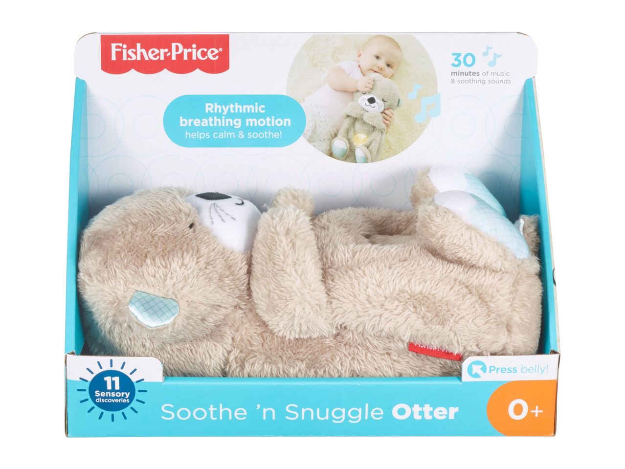 Plush otter toy in a box, featuring rhythmic breathing motion and soothing sounds.
