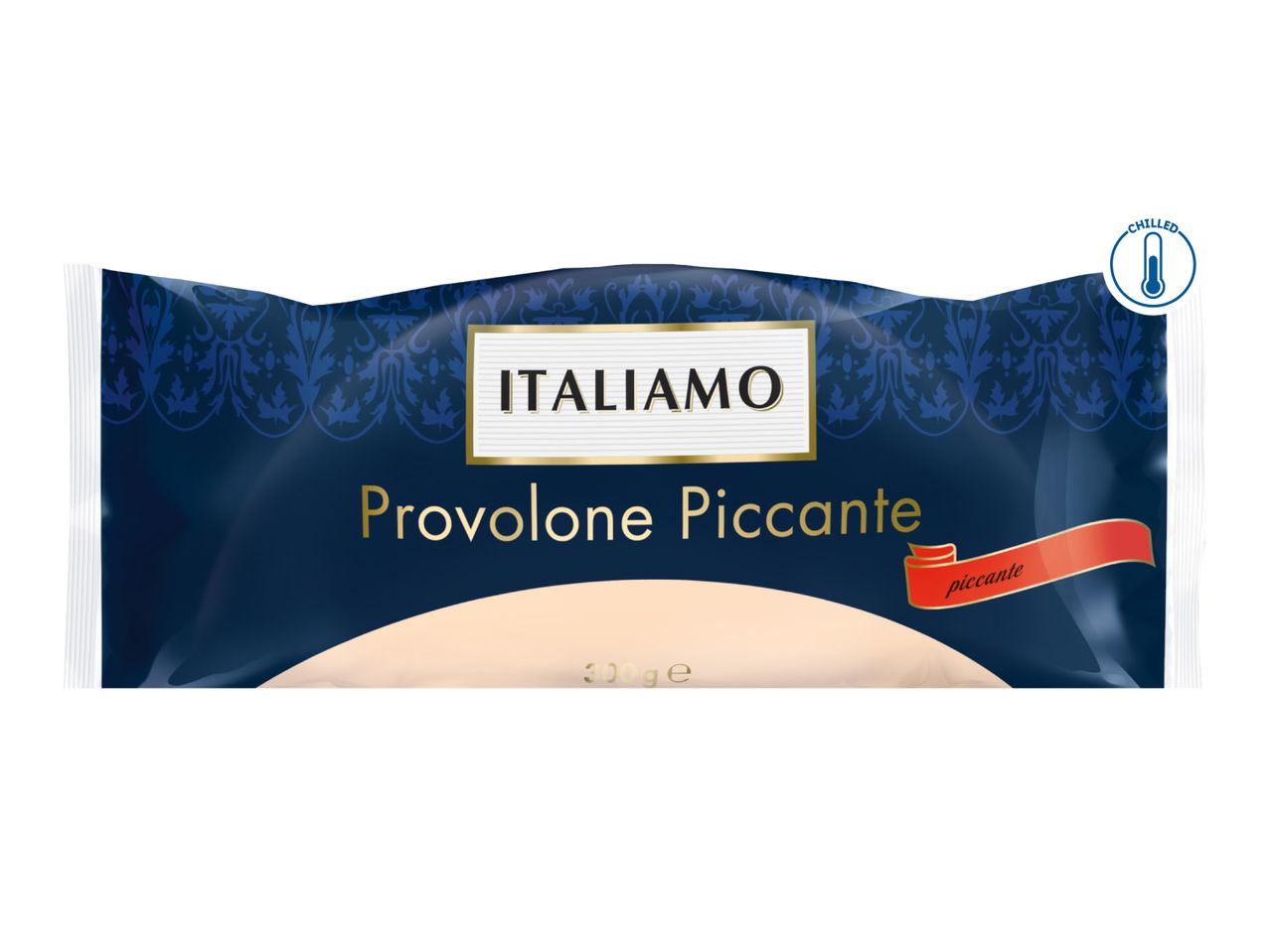 Chilled spicy provolone cheese in dark blue packaging with a decorative pattern.