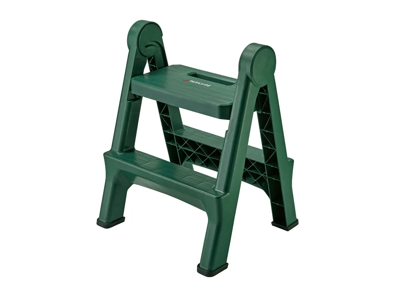 A green two-step folding step stool with the Parkside logo.