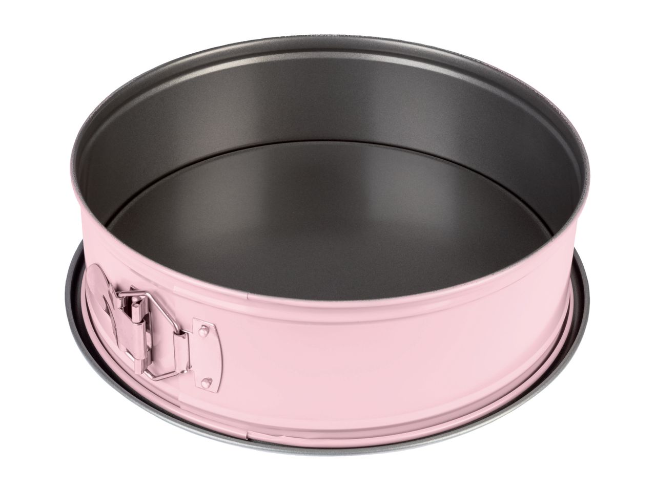 Pink springform cake pan with a dark non-stick interior