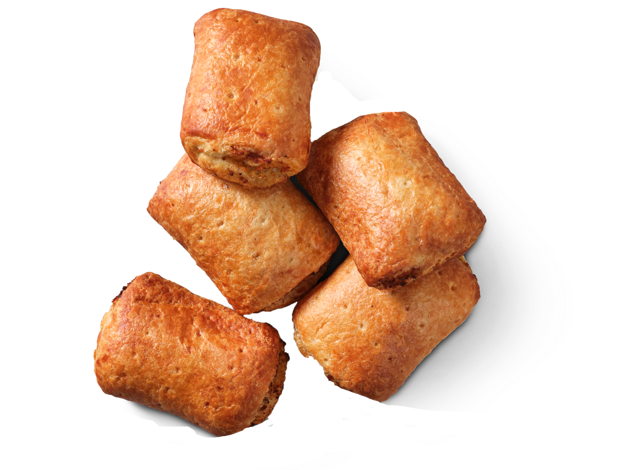 Pieci zeltaini brūni, kraukšķīgi pīrādziņi ar pildījumu