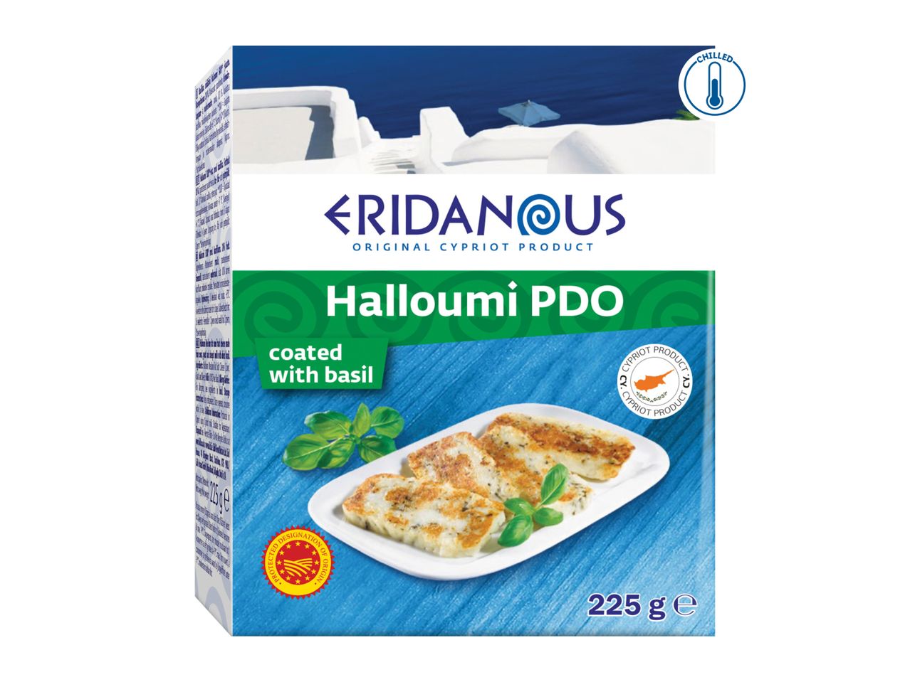 Eridanous Halloumi PDO coated with basil, 225g, with a chilled icon.