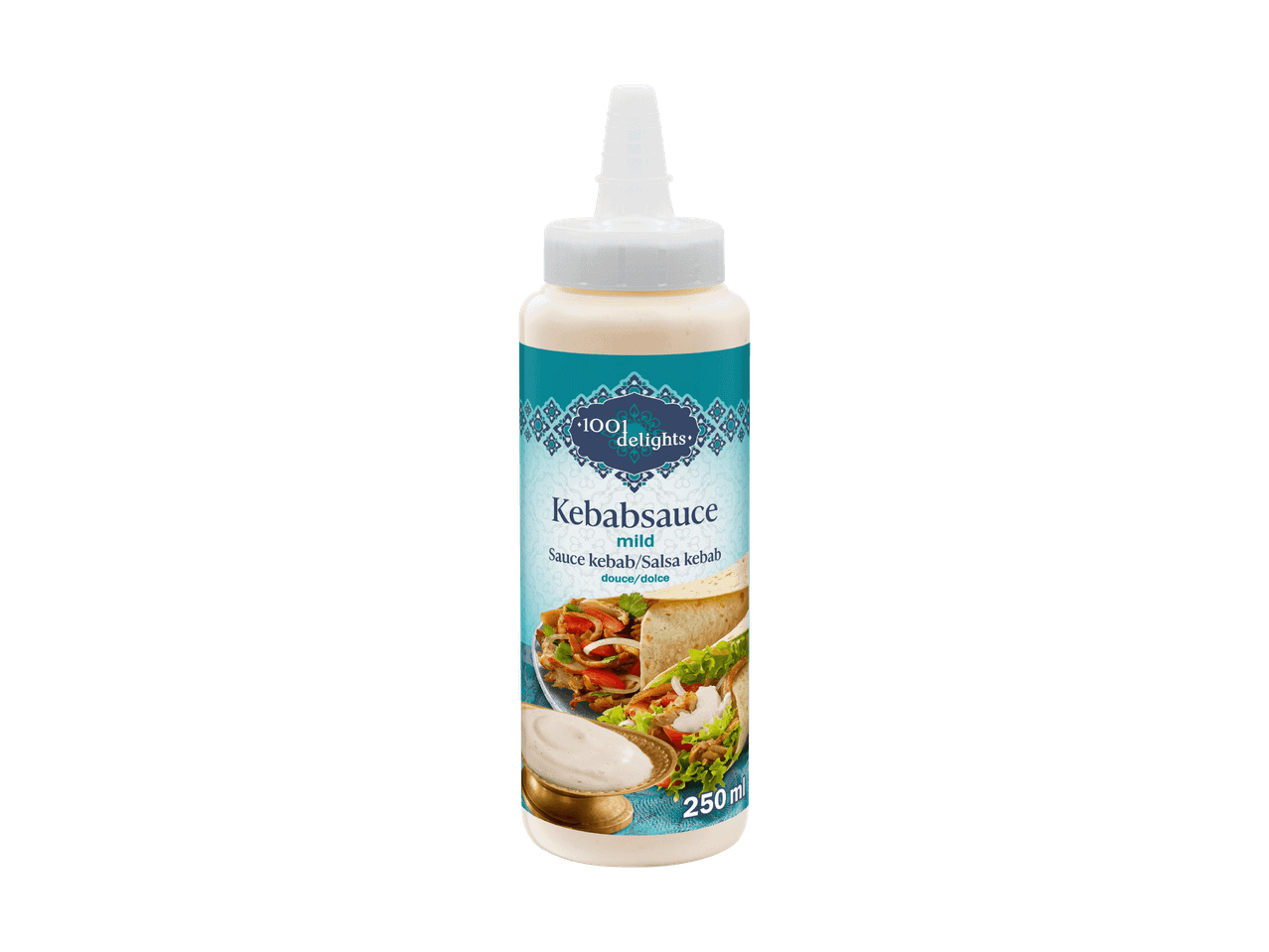 Salsa kebab delicata in bottiglia da 250 ml con immagine di kebab e salsa.
