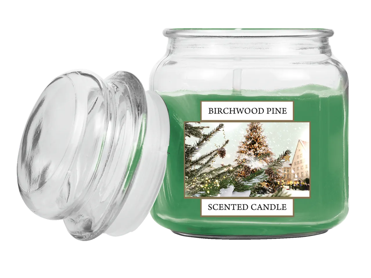 Livarno Home „Birchwood Pine“ kvapioji žvakė stikliniame inde su dangteliu, žalia.