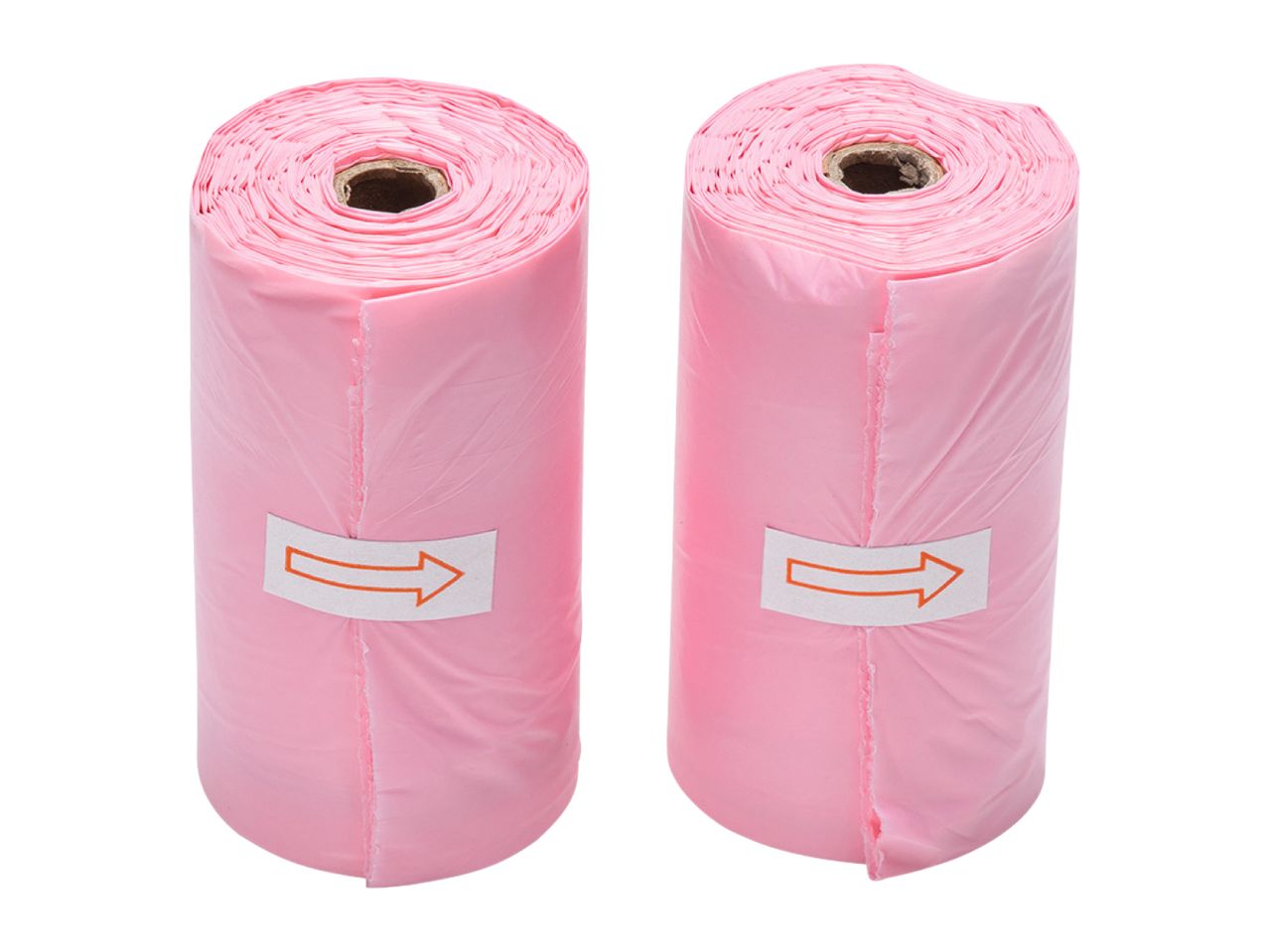 Two rolls of pink plastic bags with arrows indicating dispensing direction.