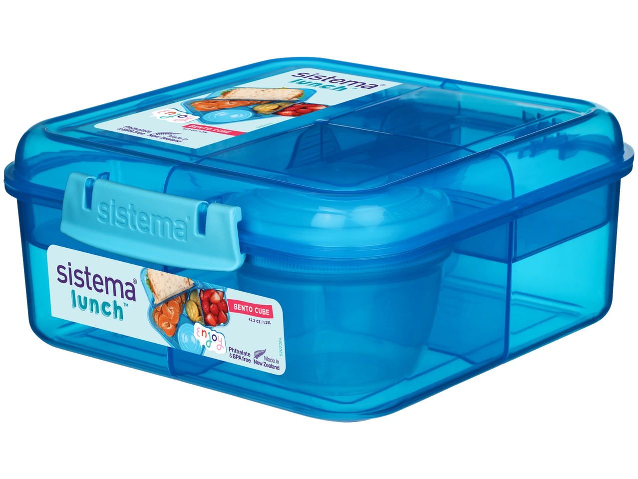 Lancheira azul com compartimentos e o texto 'lunch', 42.2 oz / 1.25L.