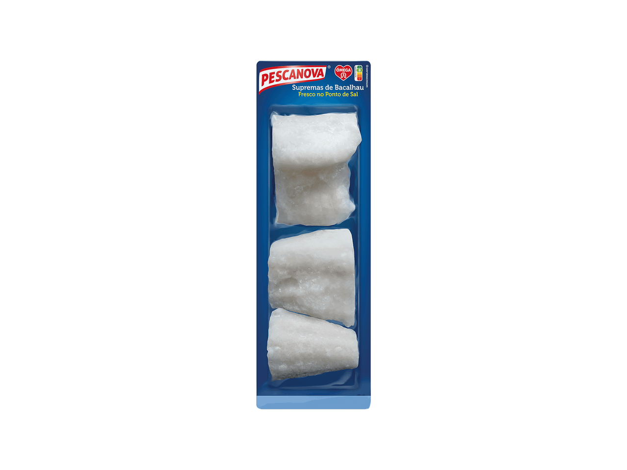Supremas de bacalhau fresco ultracongelado em embalagem azul.