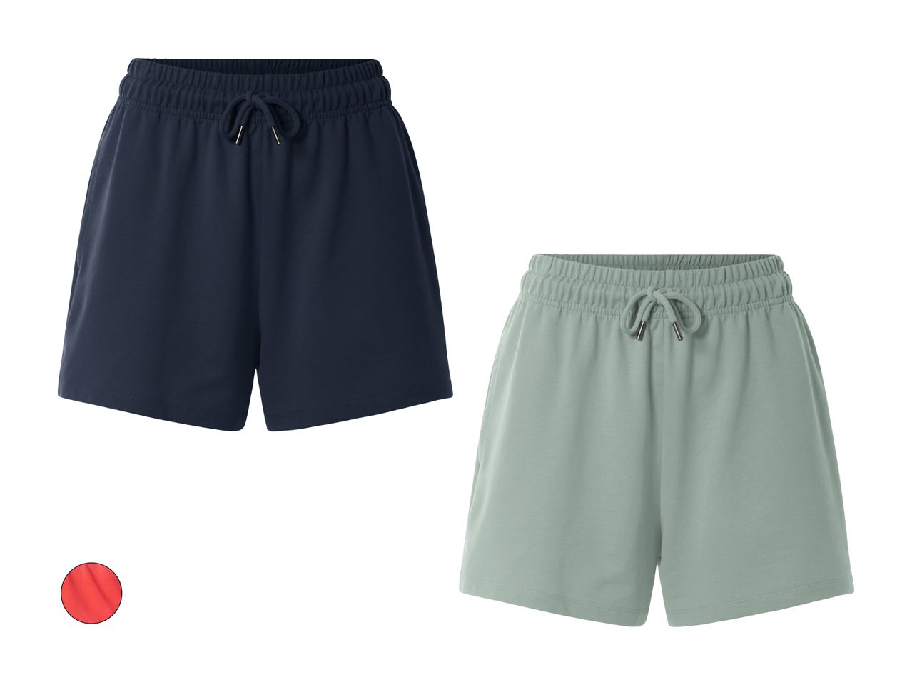 Zwei Jersey-Shorts, eine dunkelblau und eine salbeigrün.