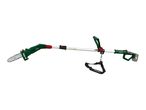 A green and silver pole saw with a chainsaw attachment and a shoulder strap.