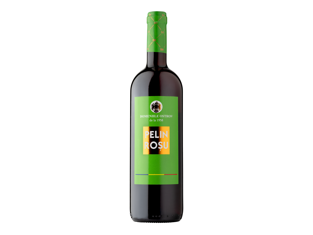 O sticlă de vin roșu Pelin de la Domeniile Ostrov.
