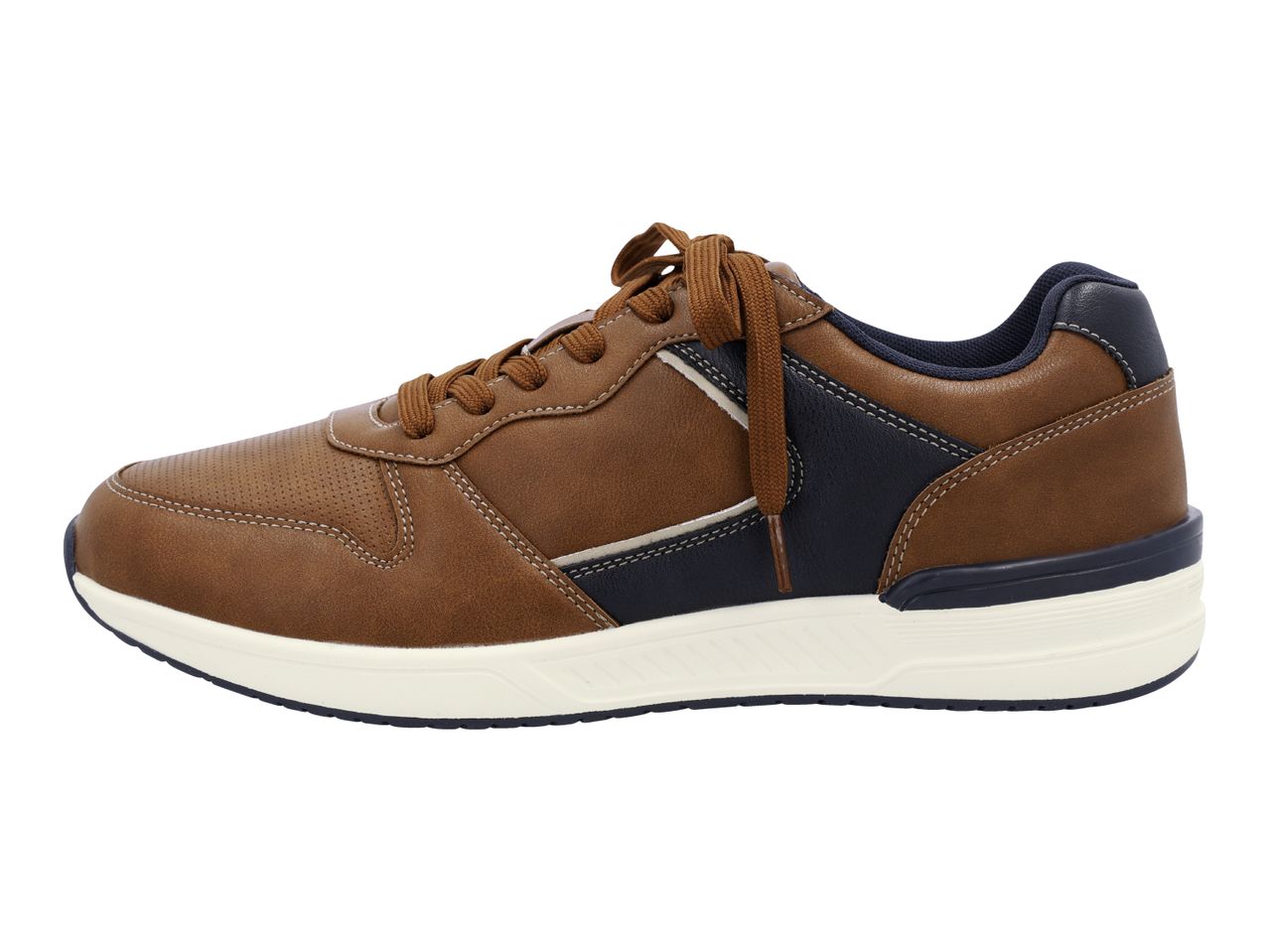 Men's brown and navy blue casual sneakers with white soles