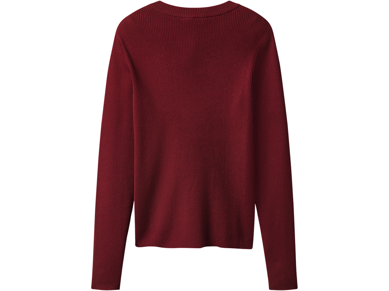 Tumši sarkans, rievots džemperis ar garām piedurknēm, skats no aizmugures.