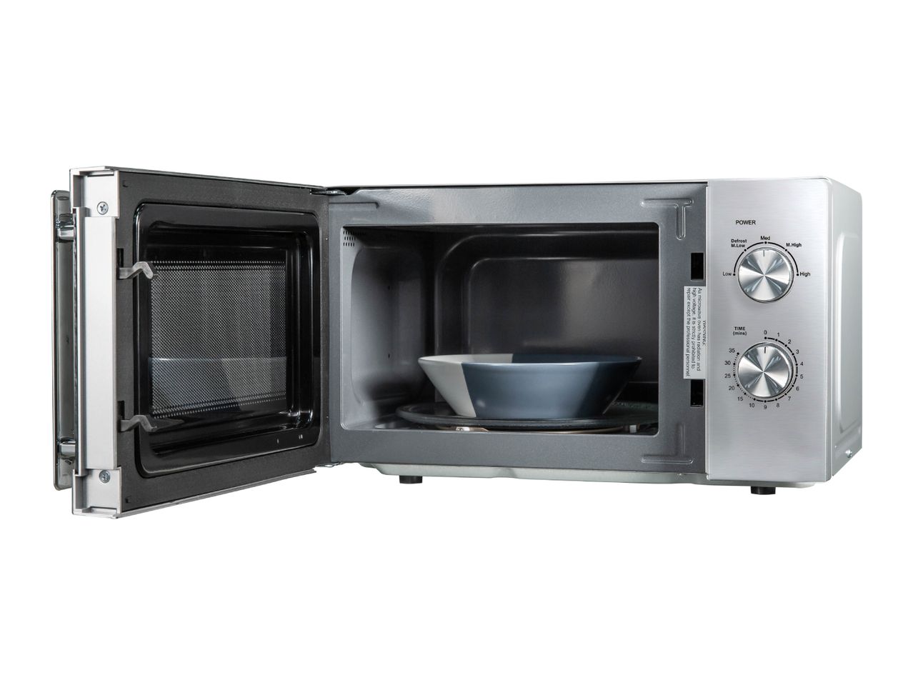 Silver microwave oven with door open, showing a bowl inside and power/time dials.