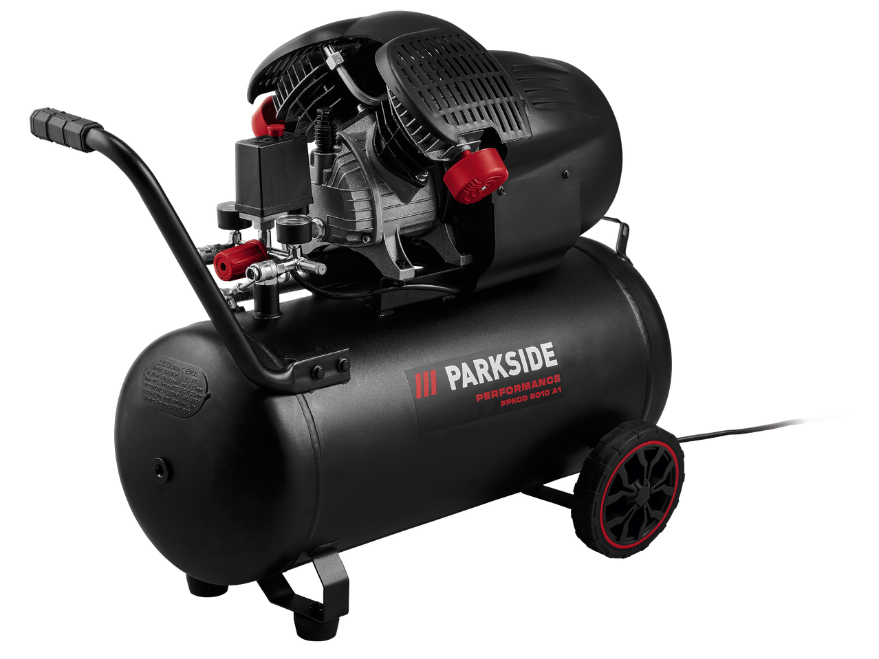 Черен компресор за въздух с червени акценти и колела, с надпис „PERFORMANCE PPKOD 5010 A1“.