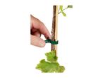 Hand attaching a green plant clip to a plant stem and support stick
