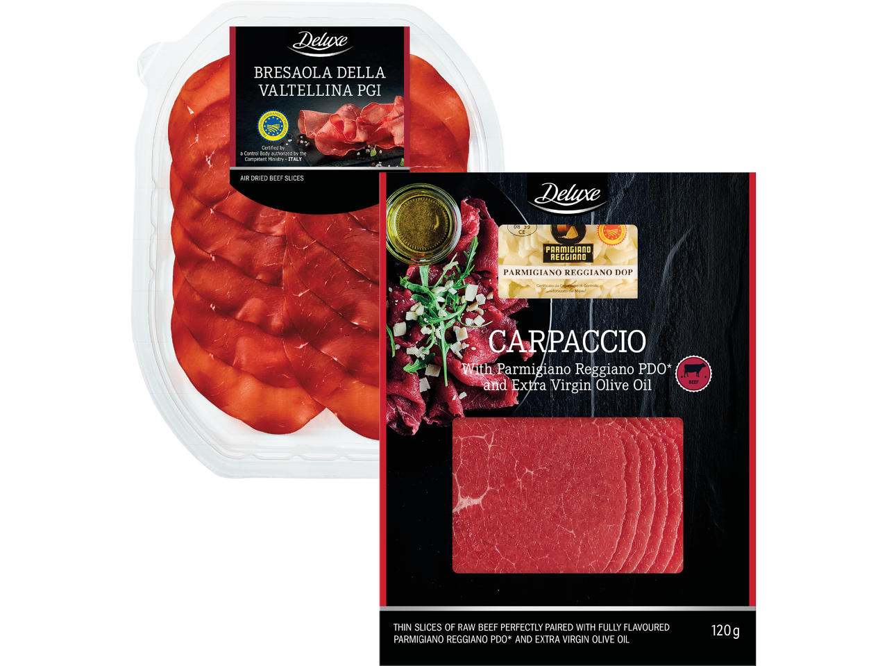 Förpackningar med lufttorkade nötköttsskivor och carpaccio med parmesan och olivolja.