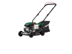 Mașină de tuns iarba pe benzină PARKSIDE PBRM 39 E4 cu coș colector, pe fundal negru.