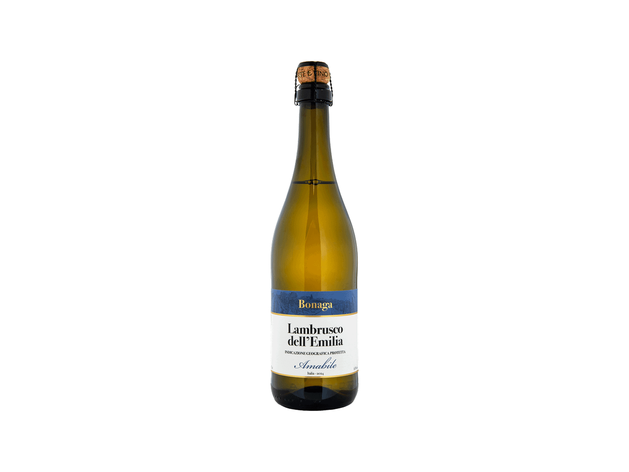Garrafa de vinho espumante branco com rótulo azul e branco.