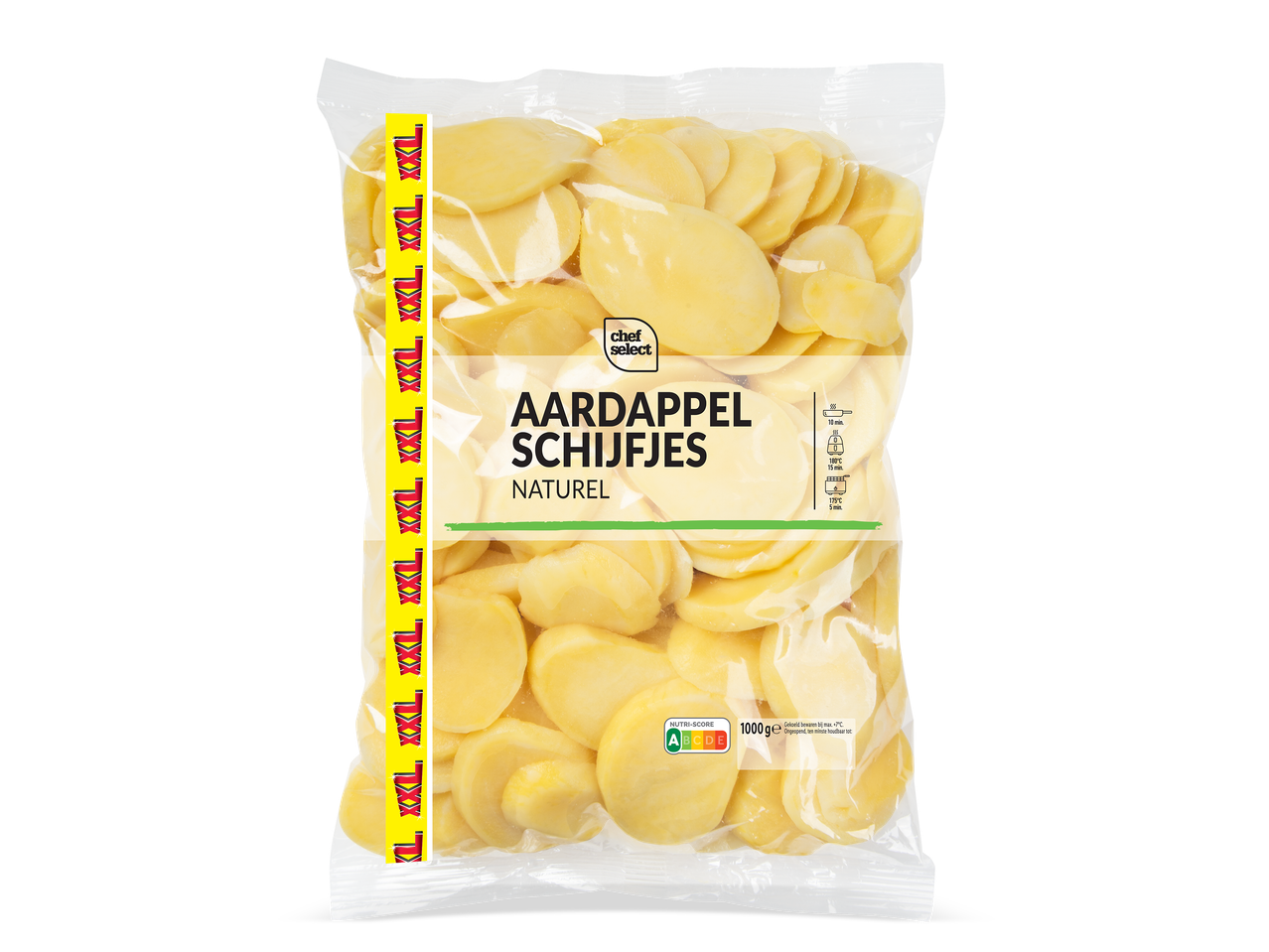Verpakking met aardappelschijfjes, naturel, 1000g, met bereidingsinstructies en Nutri-Score A.