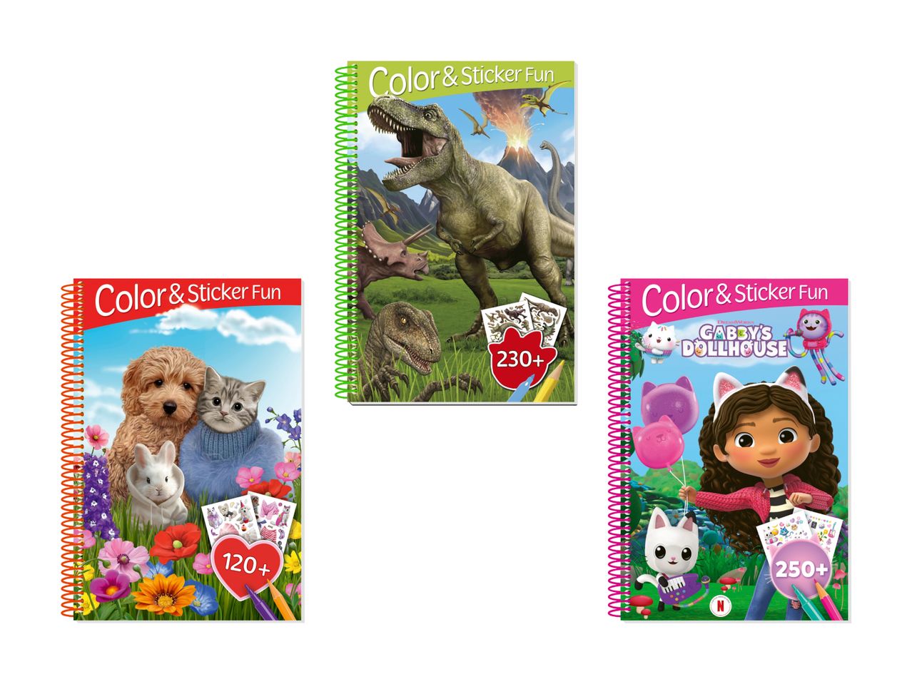 Drei Malbücher für Kinder mit Dinosaurier-, Haustier- und Dora-die-Entdeckerin-Motiven.