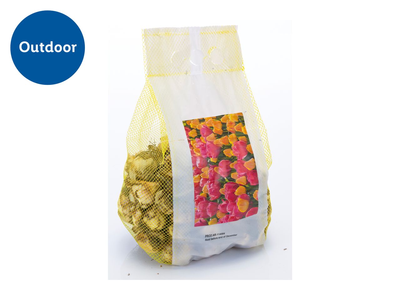 A mesh bag of tulip bulbs with a label showing pink and orange tulips, marked 'Outdoor'.