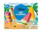 Ice lollies in various shapes and colors, including stacked squares, a dinosaur egg, and a watermelon slice, with a tropical beach theme.