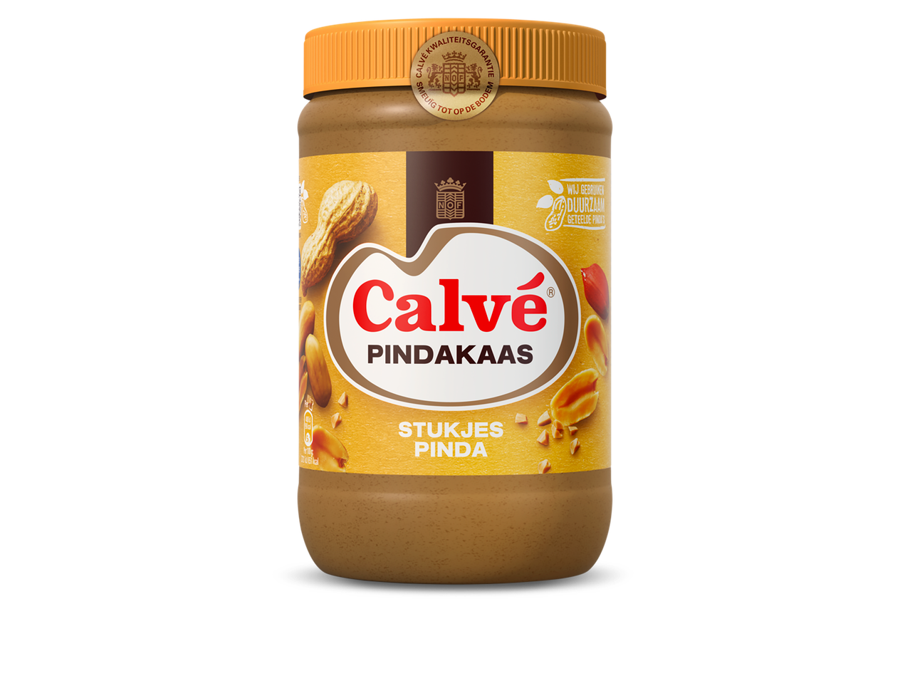 Calvé Pindakaas met stukjes pinda, met een kwaliteitsgarantie zegel.