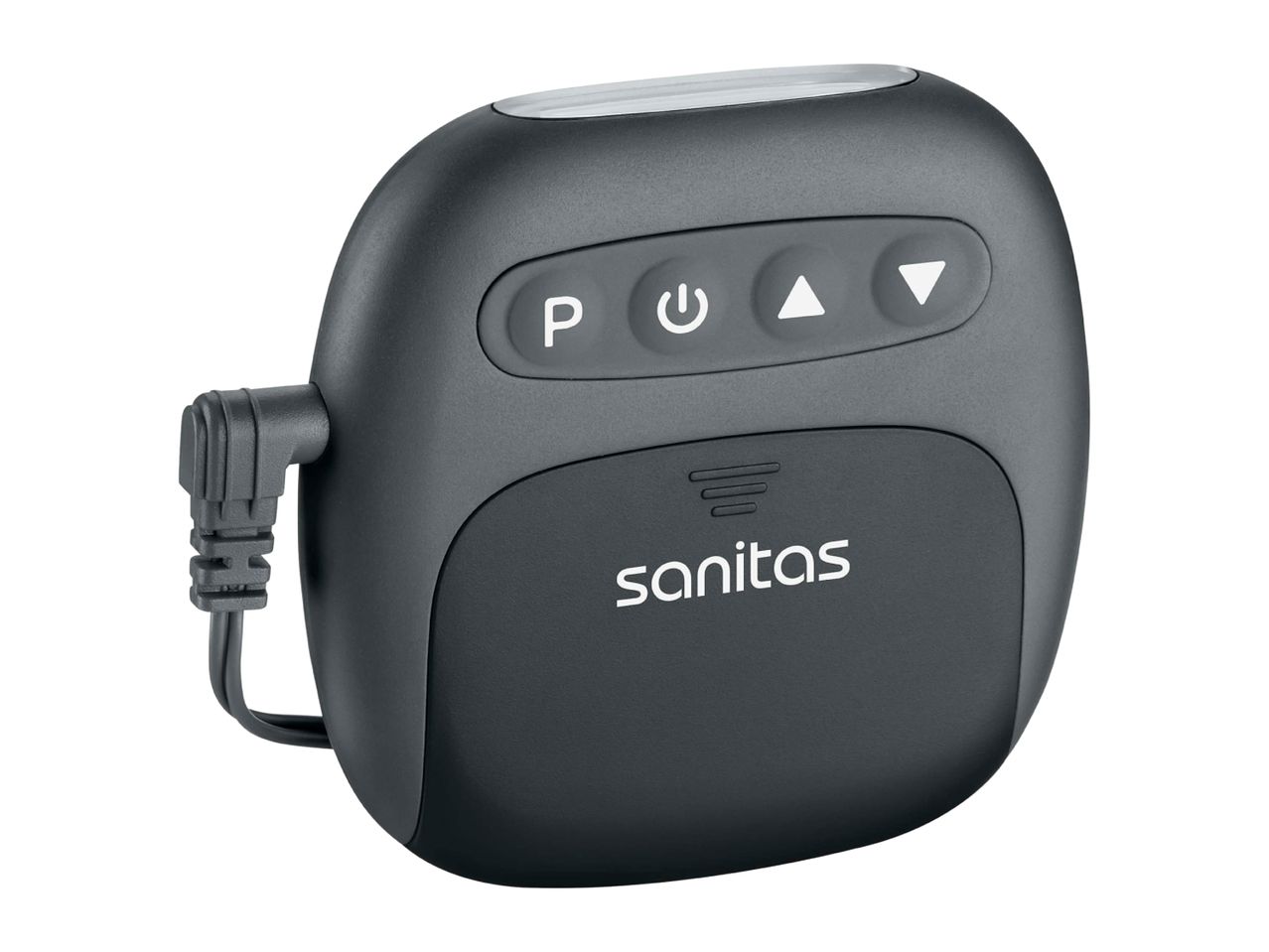 Dark grey portable electronic device with control buttons and a white logo.