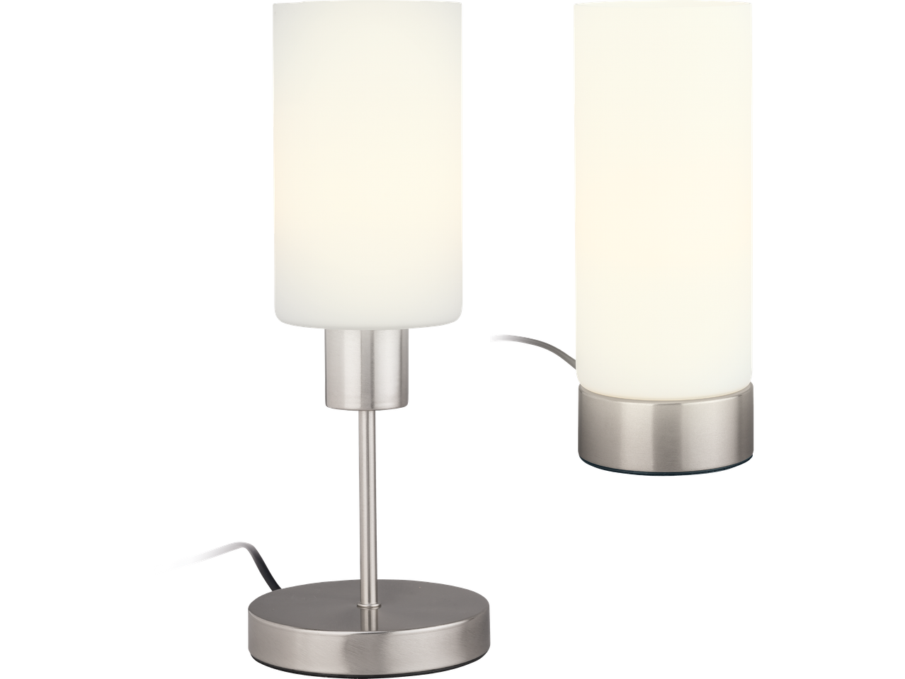 En elegant bordslampa i metall med opalvit glasskärm.