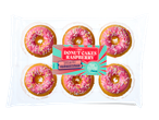 Zes mini donut cakes met frambozen glazuur en gekleurde sprinkles in een plastic verpakking.