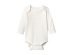 White long-sleeved baby bodysuit with snap fasteners at the crotch.