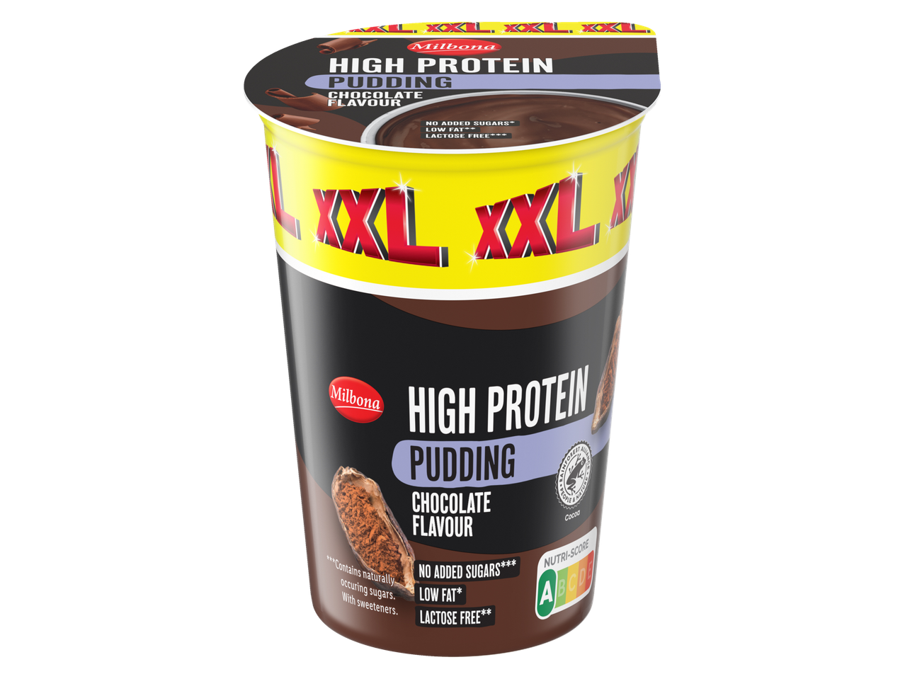 Pudim de Chocolate Milbona High Protein, copo XXL, sem lactose, baixo teor de gordura, sem açúcares adicionados.
