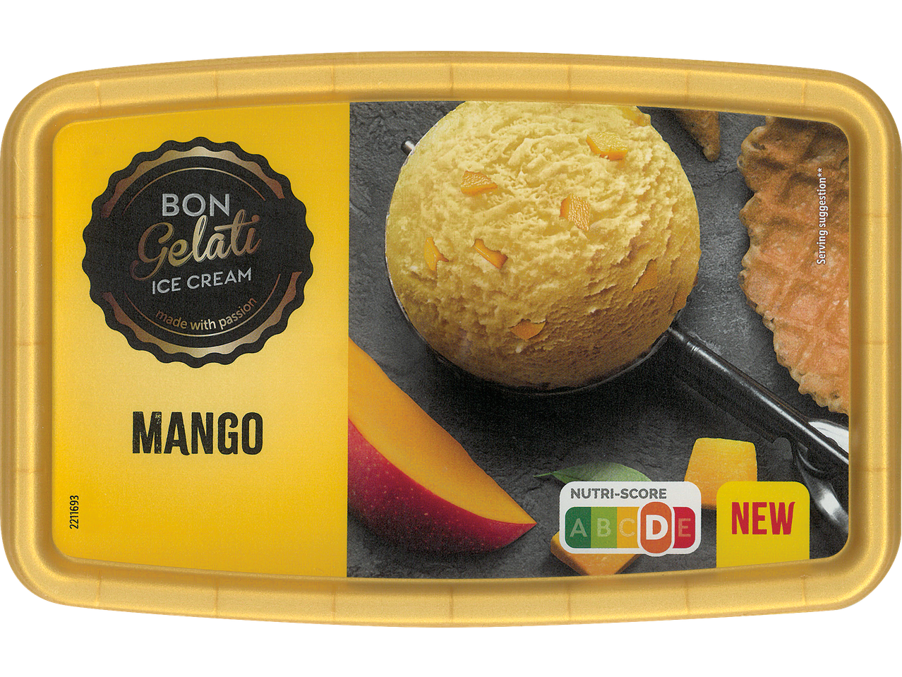 Кутия сладолед Bon Gelati с вкус на манго с топка сладолед и резени манго.