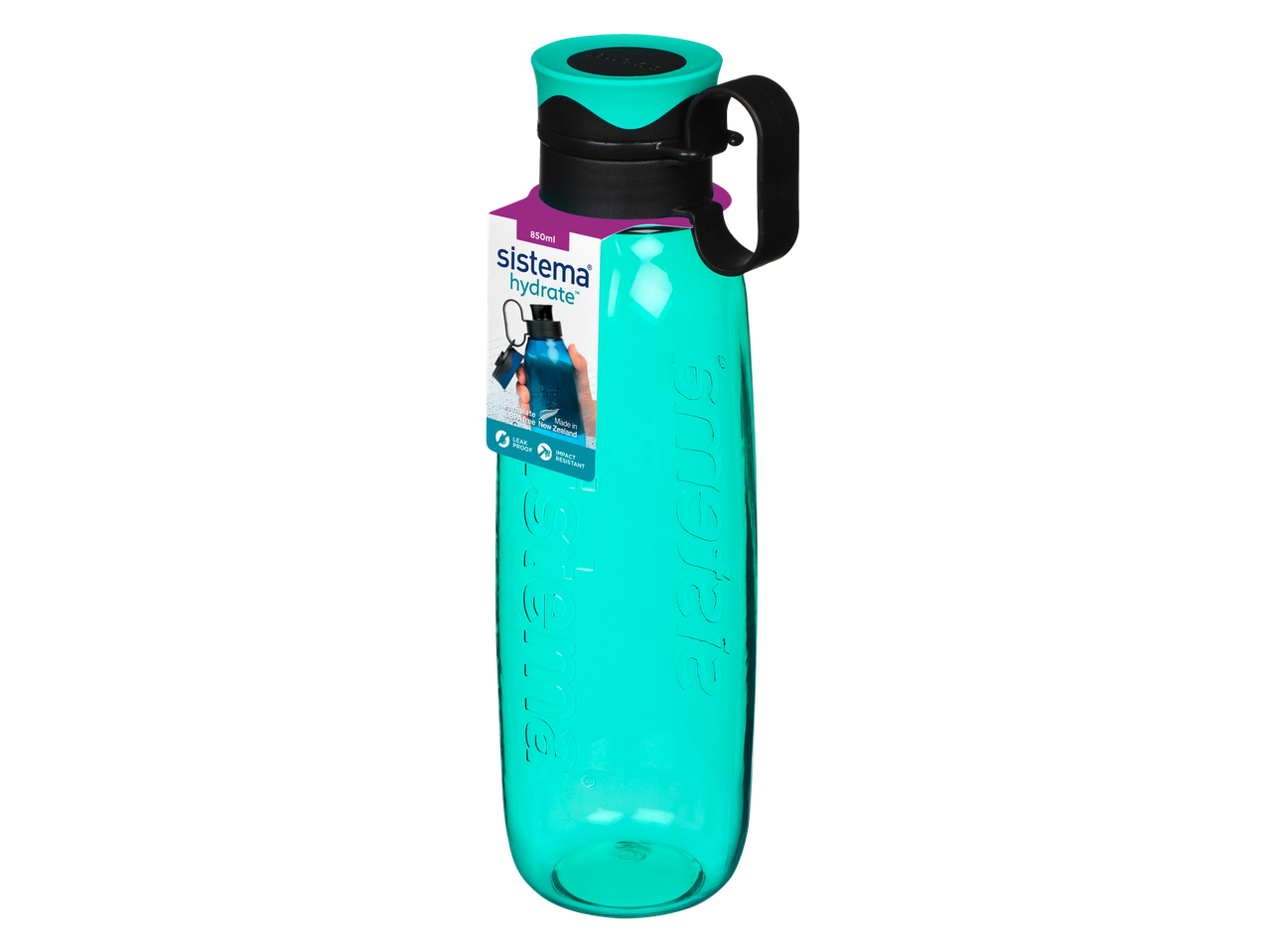 Sistema Hydrate 850 ml vandens butelis, turkio spalvos, su juoda rankena ir etikete.