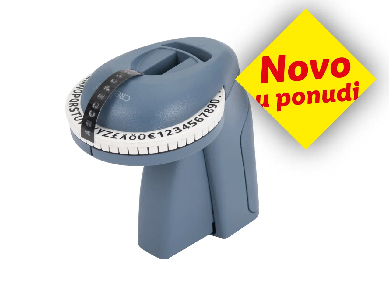 Plavi ručni uređaj za izradu naljepnica s natpisom 'Novo u ponudi'.