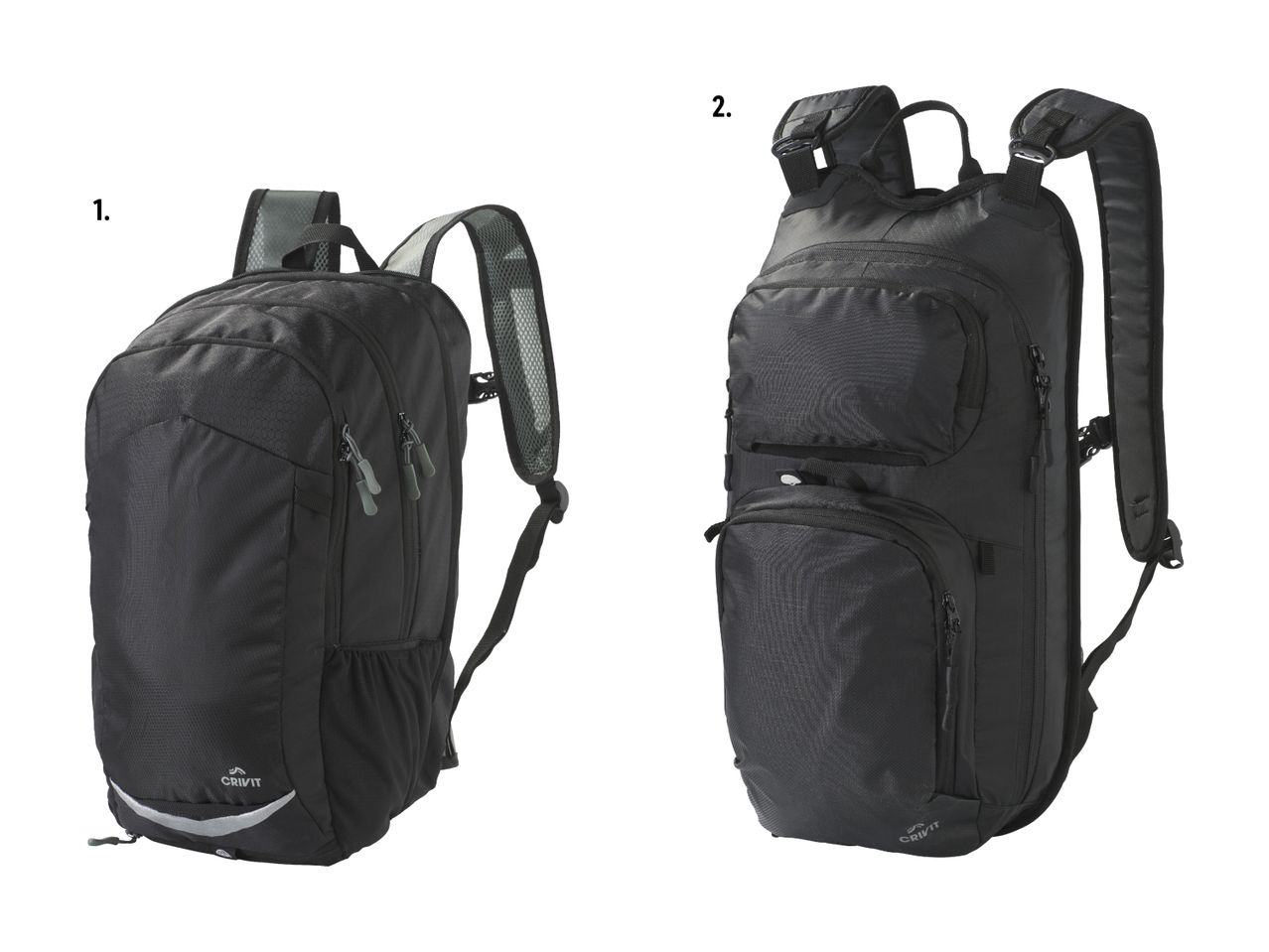 Deux sacs à dos Crivit noirs, un grand et un petit, sur fond blanc.