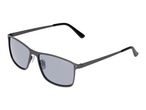 Dark grey rectangular sunglasses with grey tinted lenses and black temple tips.