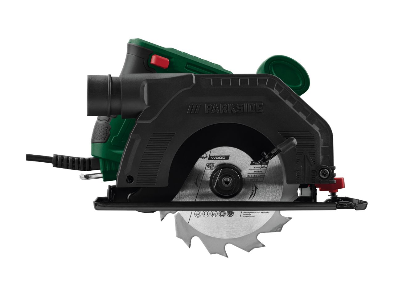 A circular saw with a wood-cutting blade, featuring a green and black design.