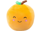 A plush orange toy with a smiling face, green leaf, and brown stem.