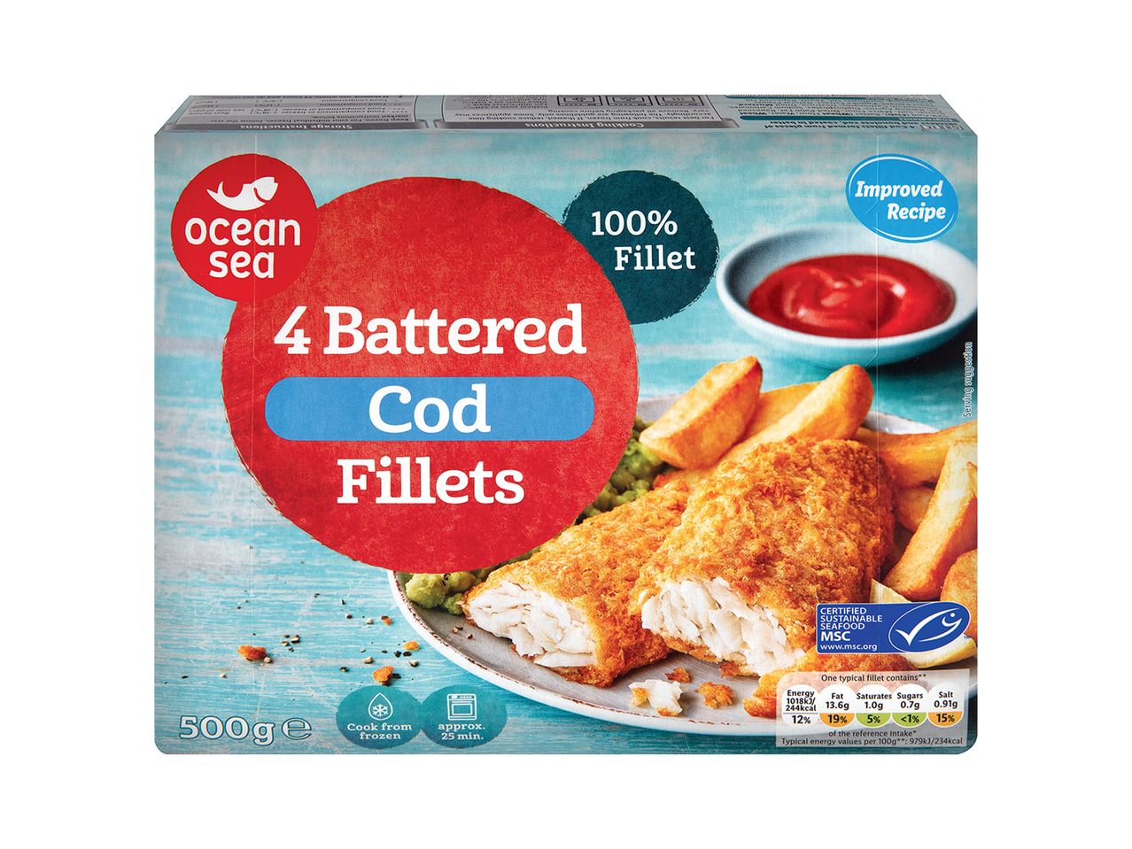 Ocean Sea 4 battered cod fillets: 100% fillet.