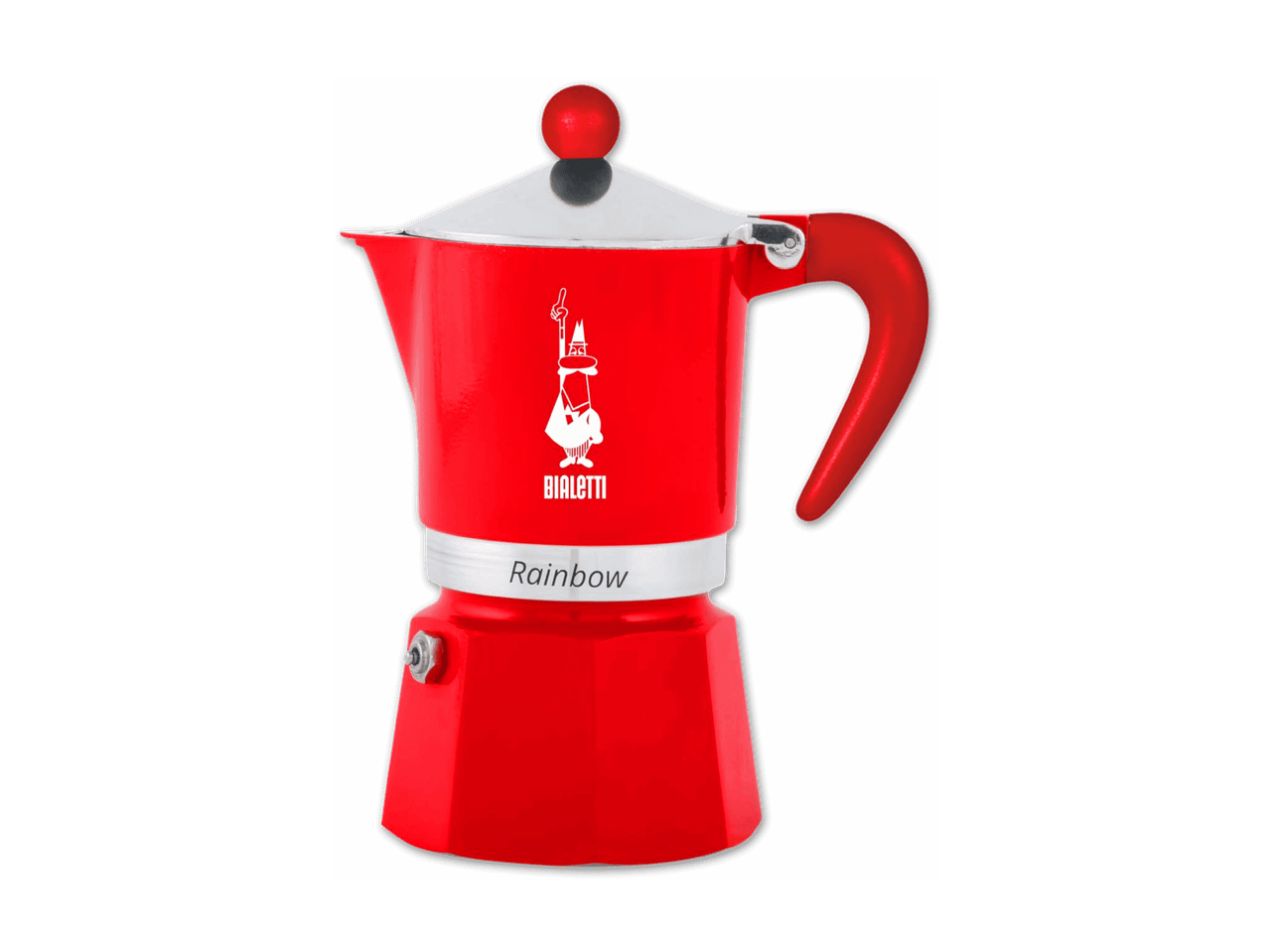 Rote Espressokanne mit Regenbogen-Schriftzug auf schwarzem Hintergrund.