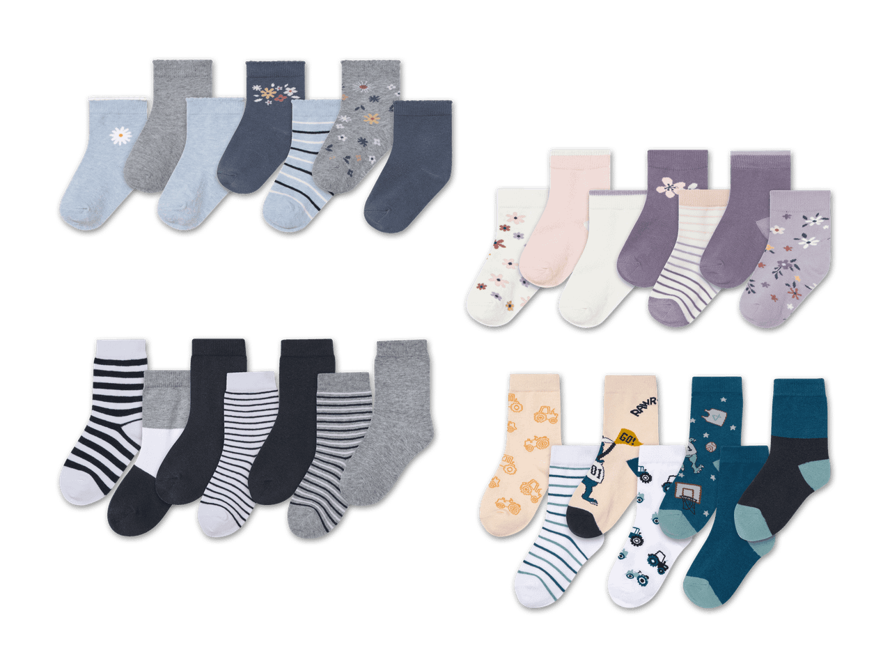Vier Sets mit Kindersocken in verschiedenen Farben und Mustern.