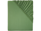 A sage green fitted sheet with elastic edges.