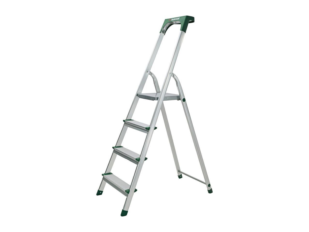 A silver stepladder with green accents, featuring four steps and a top platform.